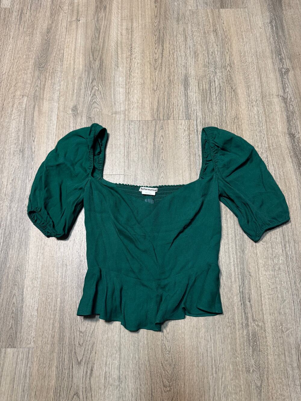 Reformation Women's Deep Green Square Neck Puff Sleeve Top